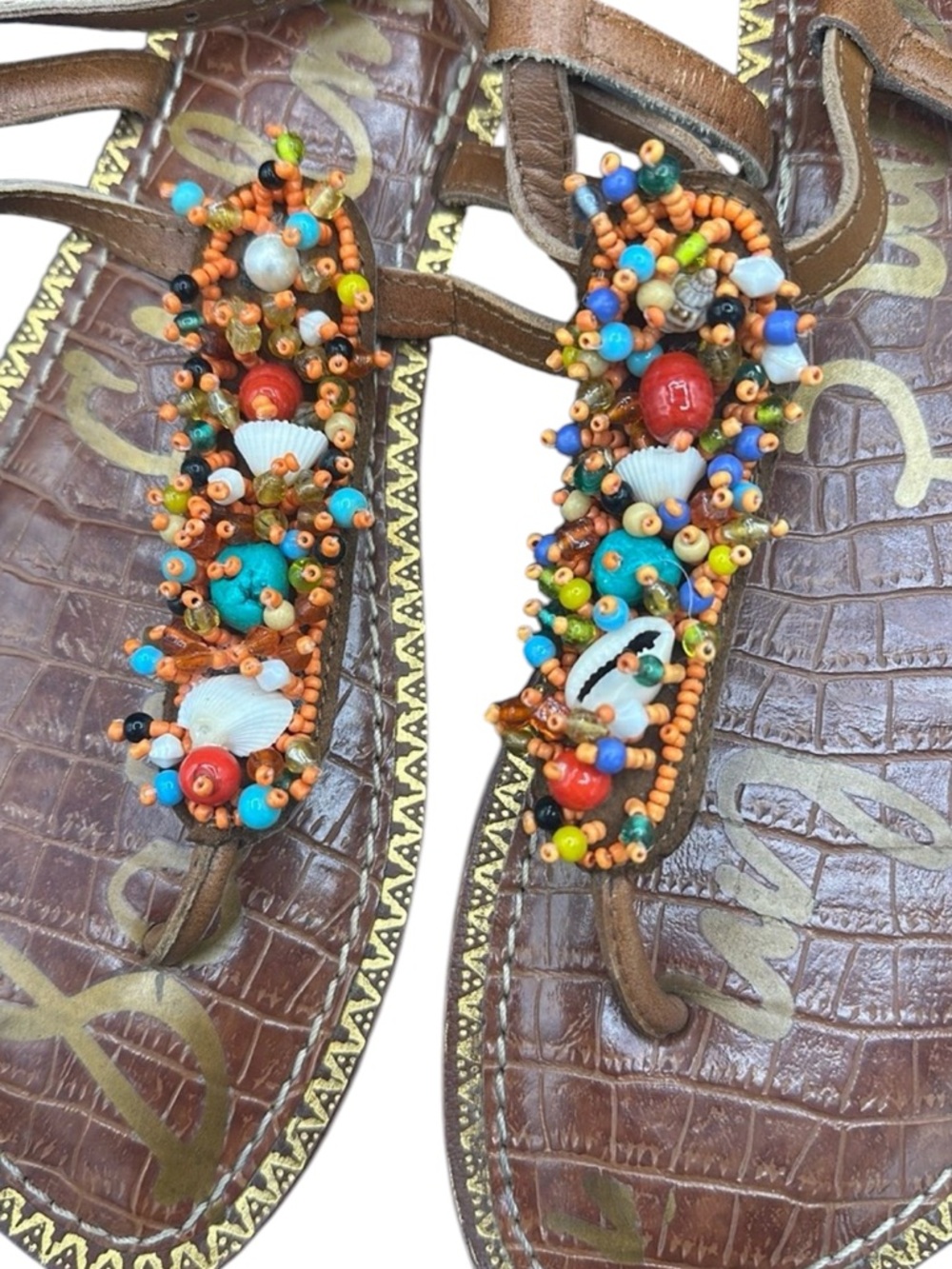New Sam Edelman Gabrielle Brown Leather T-Strap Thong Sandal Color Beads & Shell